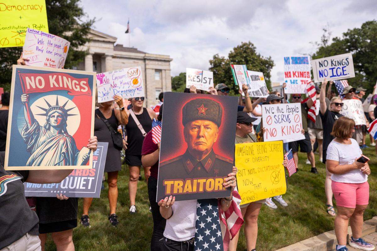 Hundreds of demonstrators rally at the North Carolina State Capitol on Saturday, June 14, 2025. The event was one of dozens held across the state and hundreds nationwide during what organizers called a nationwide day of defiance against the Trump administration.