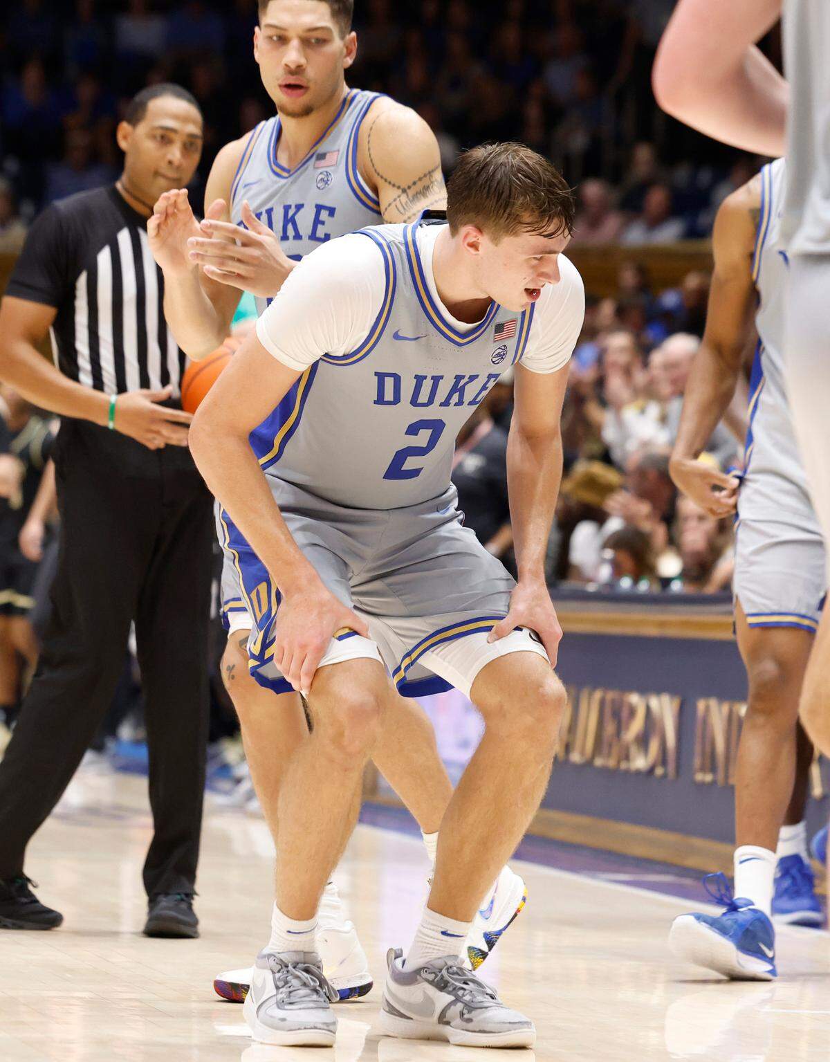 Duke’s Cooper Flagg (2) holds the top of his legs before coming off the floor during the second half of Duke’s 100-58 victory over Army at Cameron Indoor Stadium in Durham, N.C., Friday, Nov. 8, 2024.