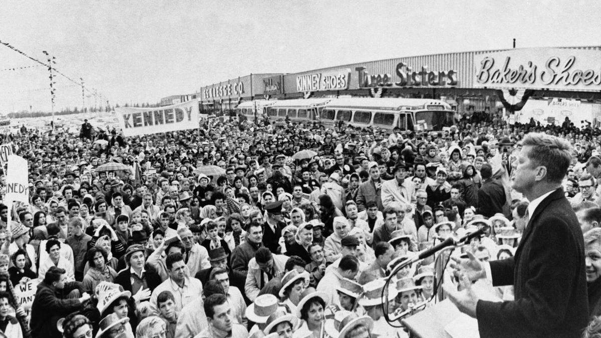 Candidate John F. Kennedy campaigning in Michigan in October 1960.