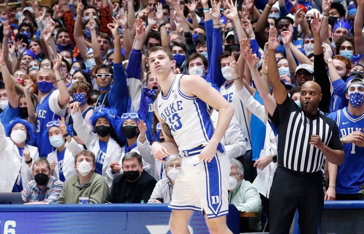 Duke’s Joey Baker (13) heads back downcourt after hitting a three-pointer during the first half of Duke’s game against Florida State at Cameron Indoor Stadium in Durham, N.C., Sat. Feb. 19, 2022.