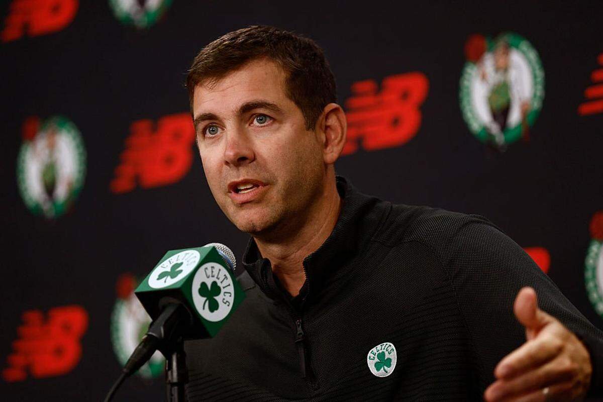 BOSTON, MA - SEPTEMBER 29: Brad Stevens, president of basketball operations for the Boston Celtics, answers a question during a press conference at Boston Celtics media day at the Auerbach Center on September 29, 2025 in Boston, Massachusetts.