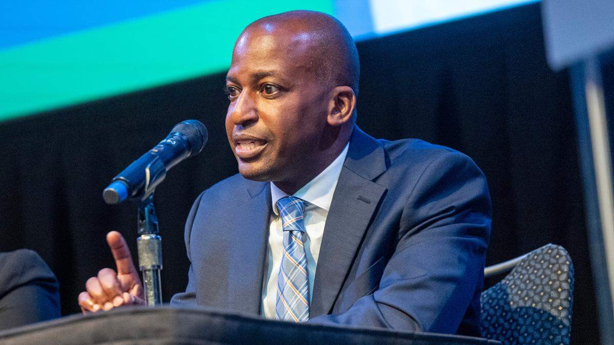 Raleigh police chief candidate Rico Boyce, deputy chief of administration for the Raleigh Police Department, answers questions during a community forum at the Martin Marietta Center for the Performing Arts on Monday, Feb. 24, 2025. Raleigh Police Chief Estella Patterson announced in December that she will retire in March.