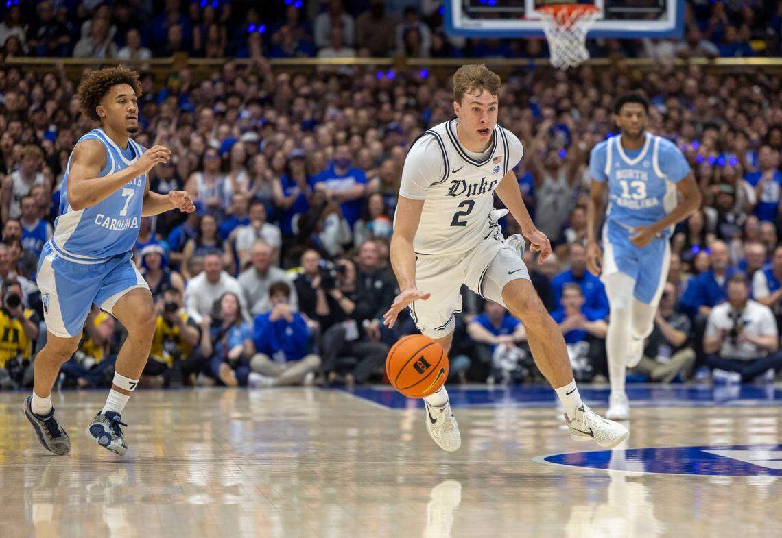 Duke’s Coper Flagg (2) starts a fast break after a defensive rebound against North Carolina in the first half on Saturday, February 1, 2025 at Cameron Indoor Stadium in Durham, N.C.