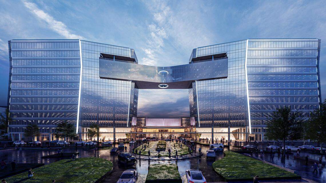 A rendering of the MTX One towers connected by a skybridge that will be built in Raleigh at the intersection of St. Albans and Benson Drive with a projected 2022 completion date.