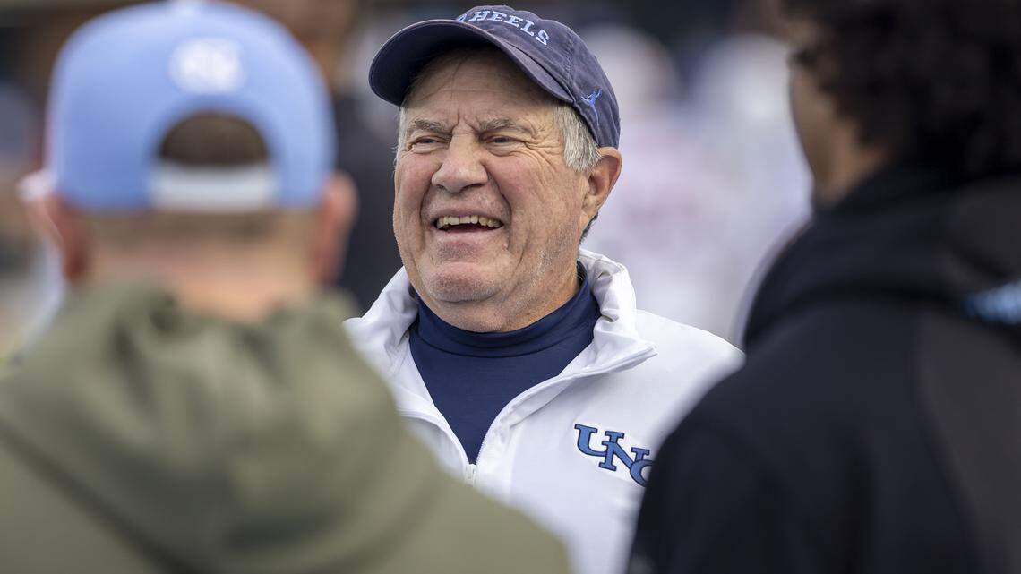 North Carolina coach Bill Belichick talks with recruits prior to the Tar Heels’ game against Stanford on Saturday, November 8, 2025 at Kenan Stadium in Chapel Hill, N.C.