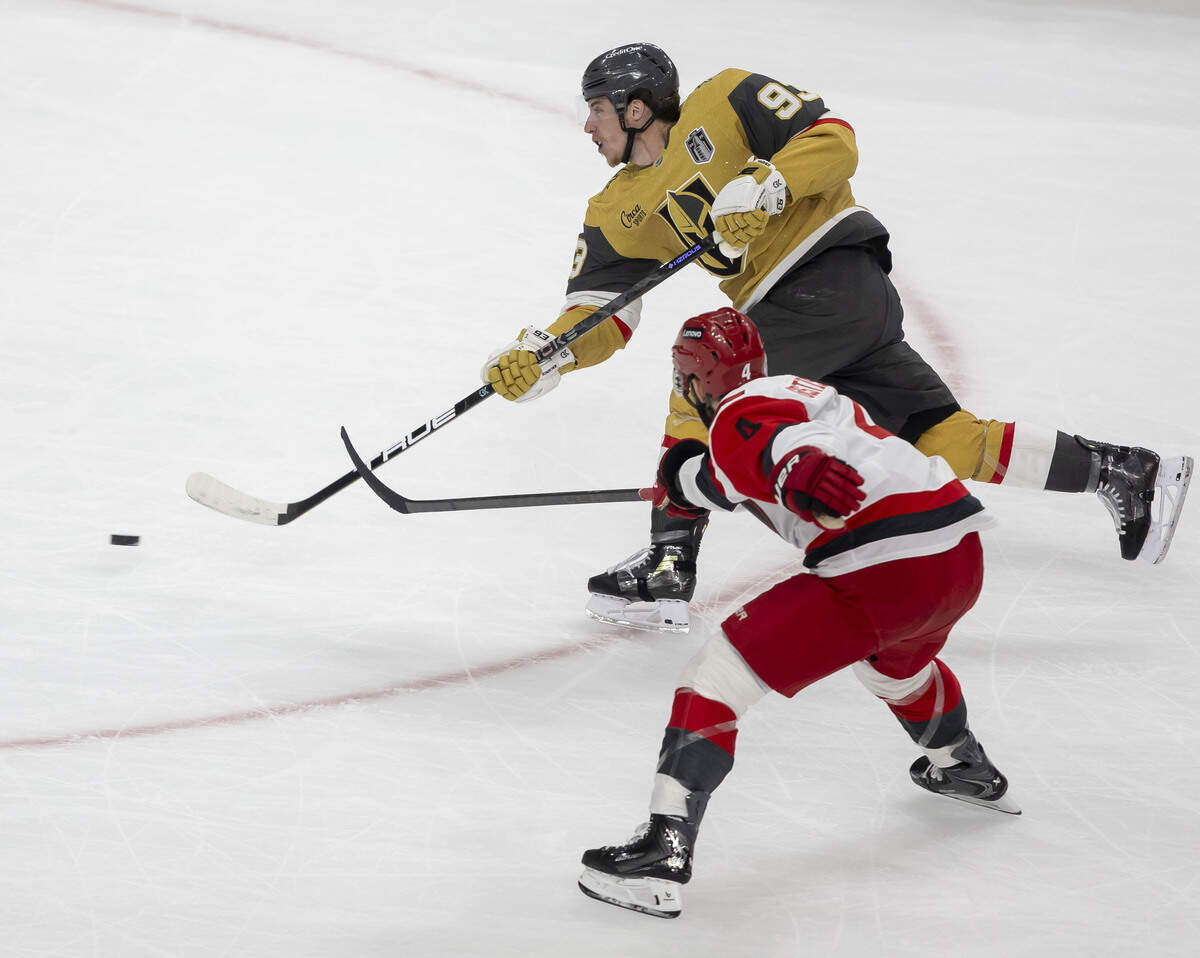 Vegas right wing Mitch Marner (93) shoots and scores to take 4-0 over the Carolina Hurricanes in the second period in Game 3 of the Stanley Cup Final, on Saturday, June 6, 2026 at T-Mobile Arena in Las Vegas, NV.
