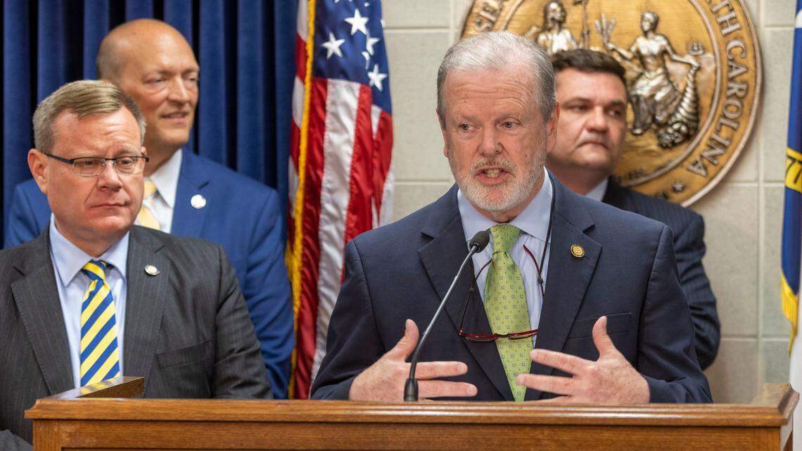 North Carolina Senate leader Phil Berger and House Speaker Tim Moore release details of the proposed state budget during a press briefing at the N.C. General Assembly on June 28, 2022 in Raleigh.