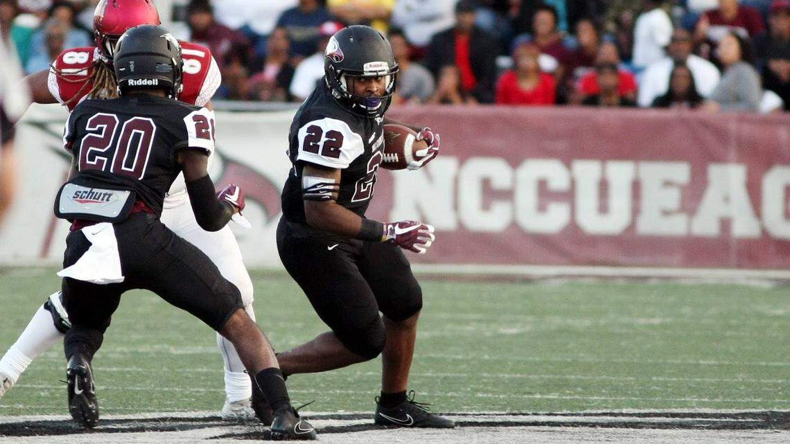 North Carolina Central safety Davanta Reynolds returns an interception last season against Shaw. Reynolds led the MEAC with six interceptions in 2017 and on Friday was named the MEAC preseason Defensive Player of The Year.