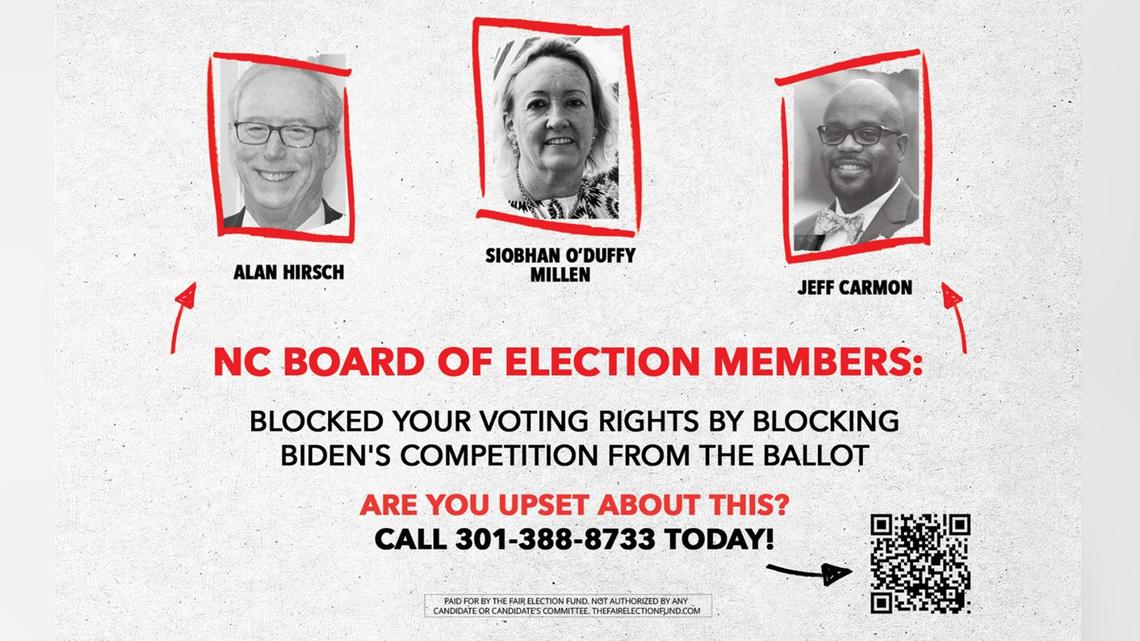 An ad campaign paid for by the Fair Election Fund targets the three Democrats on the North Carolina State Board of Elections for voting against certification for new political parties led by Robert F. Kennedy Jr. and Cornel West. 