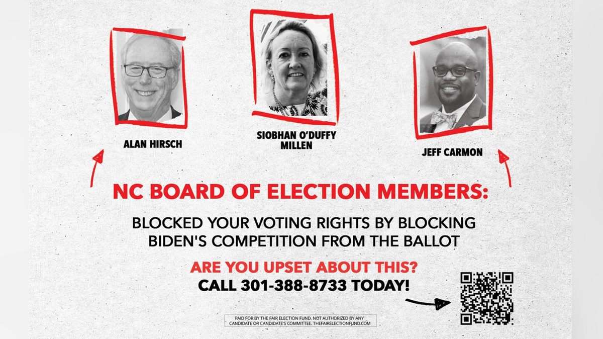 An ad campaign paid for by the Fair Election Fund targets the three Democrats on the North Carolina State Board of Elections for voting against certification for new political parties led by Robert F. Kennedy Jr. and Cornel West. 