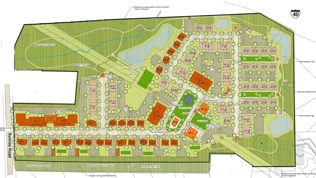 This concept site plan from Habitat for Humanity of Orange County and Carol Woods shows assisted-living buildings to the north as you enter the site and two rows of duplexes north and south of the driveway (dark orange blocks). The rest is a mix of duplexes, townhouses and two condo buildings. The tallest buildings would be three stories, and recreation facilities are located on a central green.