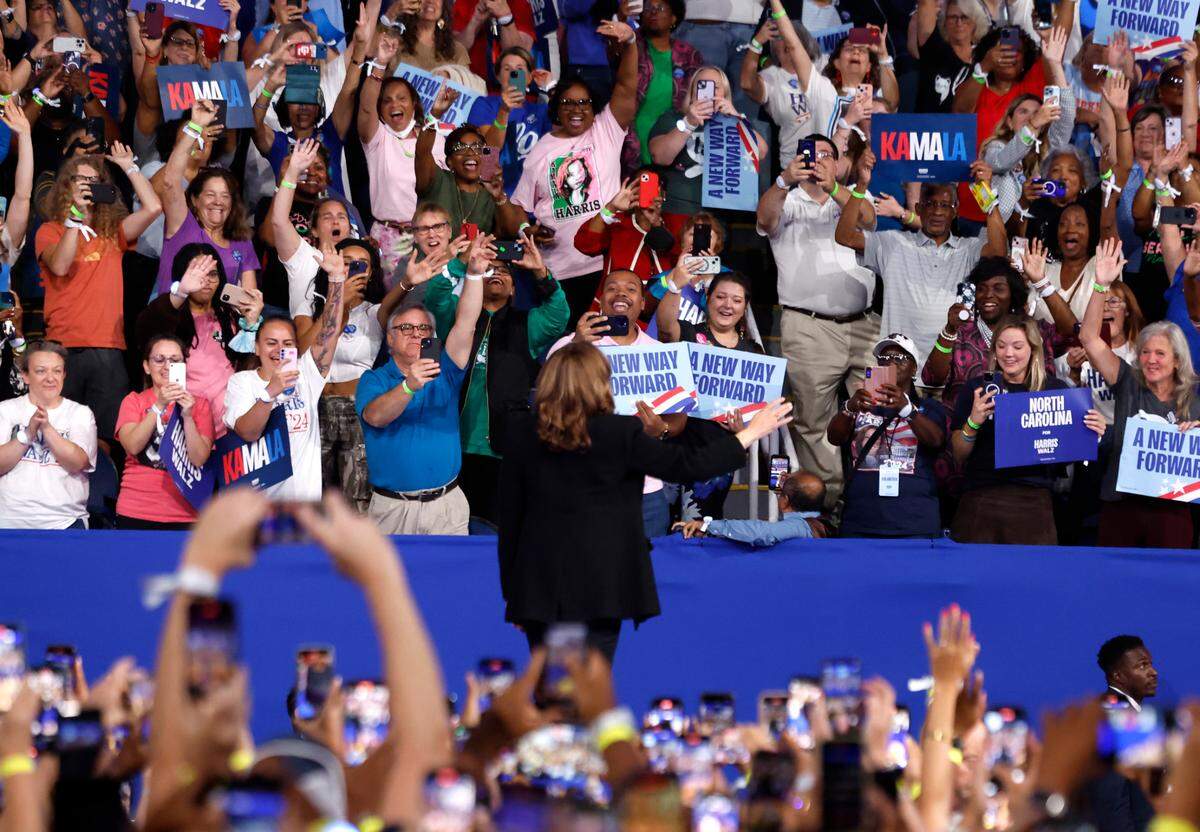 Vice President and democratic nominee for president Kamala Harris acknowledges the crowd after arriving at a rally at the Greensboro Coliseum in Greensboro, N.C., Thursday, Sept. 12, 2024.