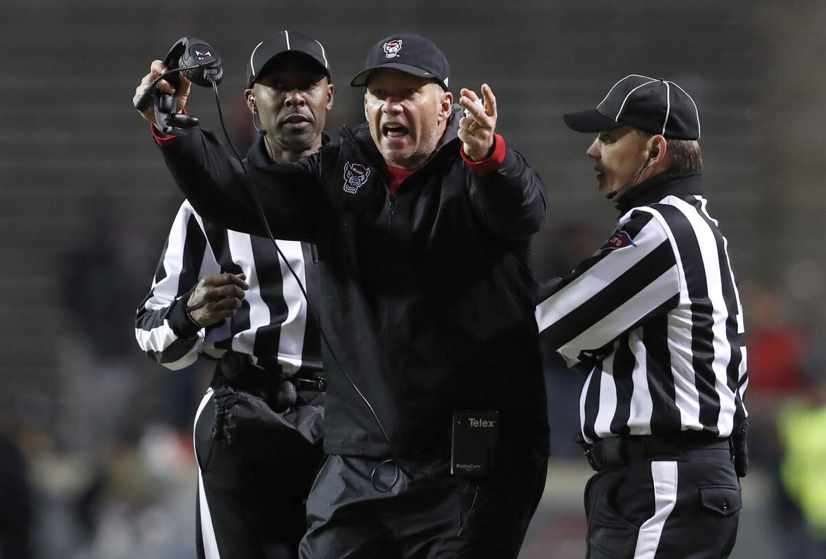 N.C. State head coach Dave Doeren yells at the officials during the second half of Louisville’s 34-20 victory over N.C. State at Carter-Finley Stadium in Raleigh, N.C., Saturday, November 16, 2019.