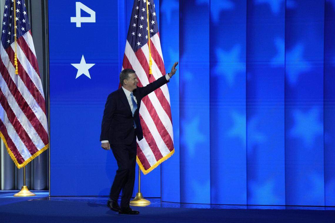 Aug 22, 2024; Chicago, IL, USA; North Carolina Gov. Roy Cooper speaks during the final day of the Democratic National Convention at the United Center. Mandatory Credit: Jasper Colt-USA TODAY