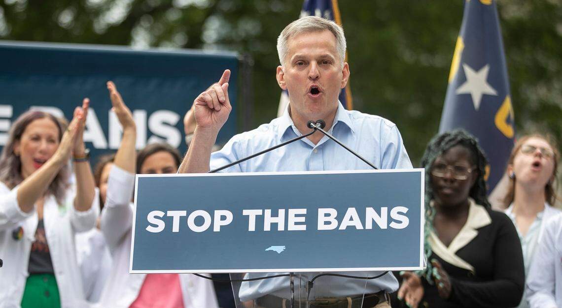 North Carolina Attorney General Josh Stein addresses the crowd during a rally where North Carolina Roy Copper vetoed SB 20, legislation that would restrict abortions in North Carolina, on Saturday, May 13, 2023 in Raleigh, N.C.
