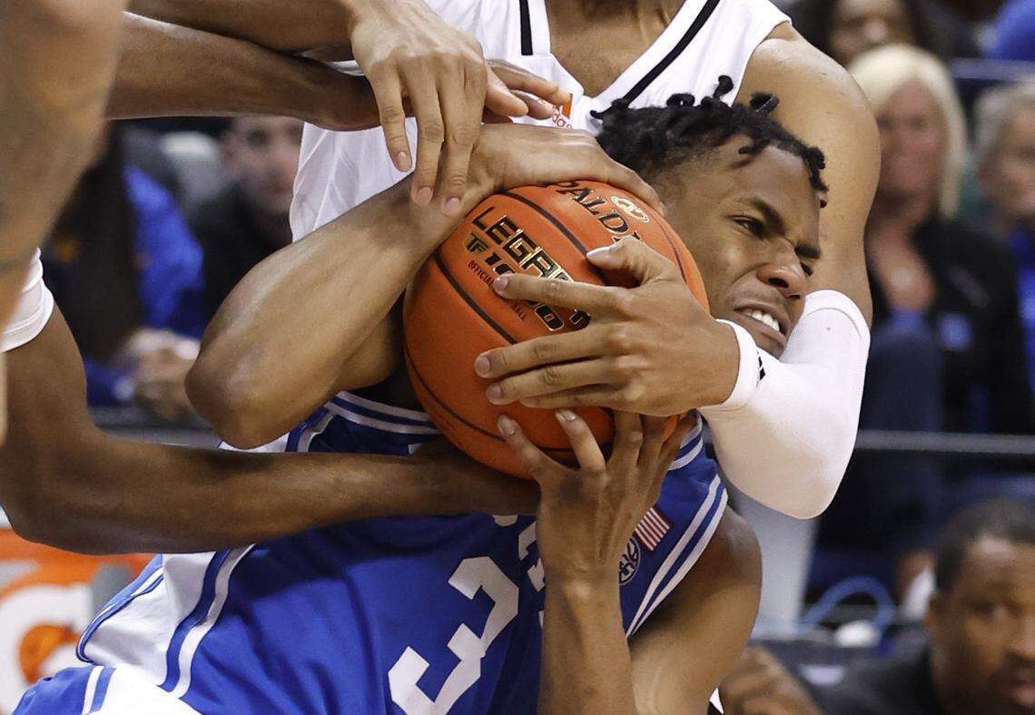 Miami’s A.J. Casey (0) pressures Duke’s Jeremy Roach (3) during the second half of Duke’s 85-78 victory over Miami in the semifinals of the ACC Men’s Basketball Tournament in Greensboro, N.C., Friday, March 10, 2023.