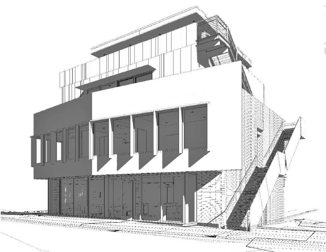 An architect with Szostak Design submitted this drawing of an office and apartment building planned for 500 W. Rosemary St. to the town. The new building would be at the corner of West Rosemary and North Roberson streets in Chapel Hill.