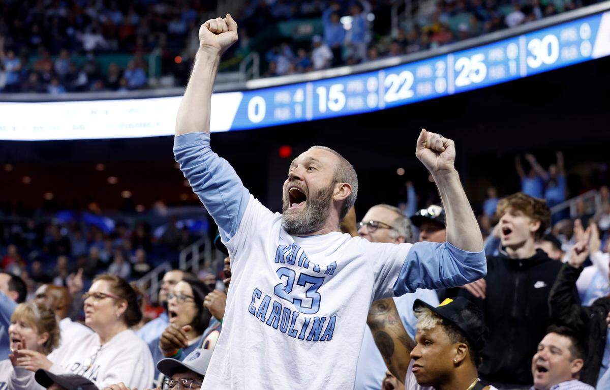 Brandon Bohigas of Burlington cheers on the Tar Heels during the second half of UNC’s 85-61 victory over Boston College in the second round of the ACC Men’s Basketball Tournament in Greensboro, N.C., Wednesday, March 8, 2023.