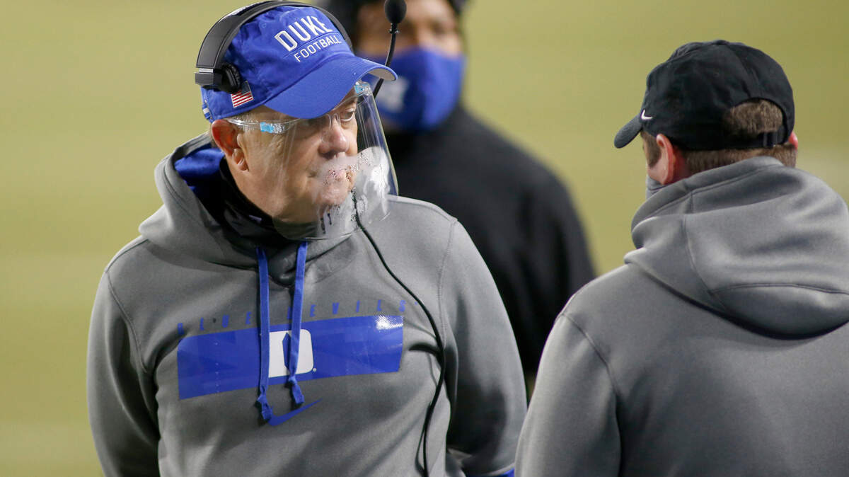 Duke Blue Devils head coach David Cutcliffe stands on the sidelines in the second half against the Miami Hurricanes at Wallace Wade Stadium Saturday Dec. 5, 2020.