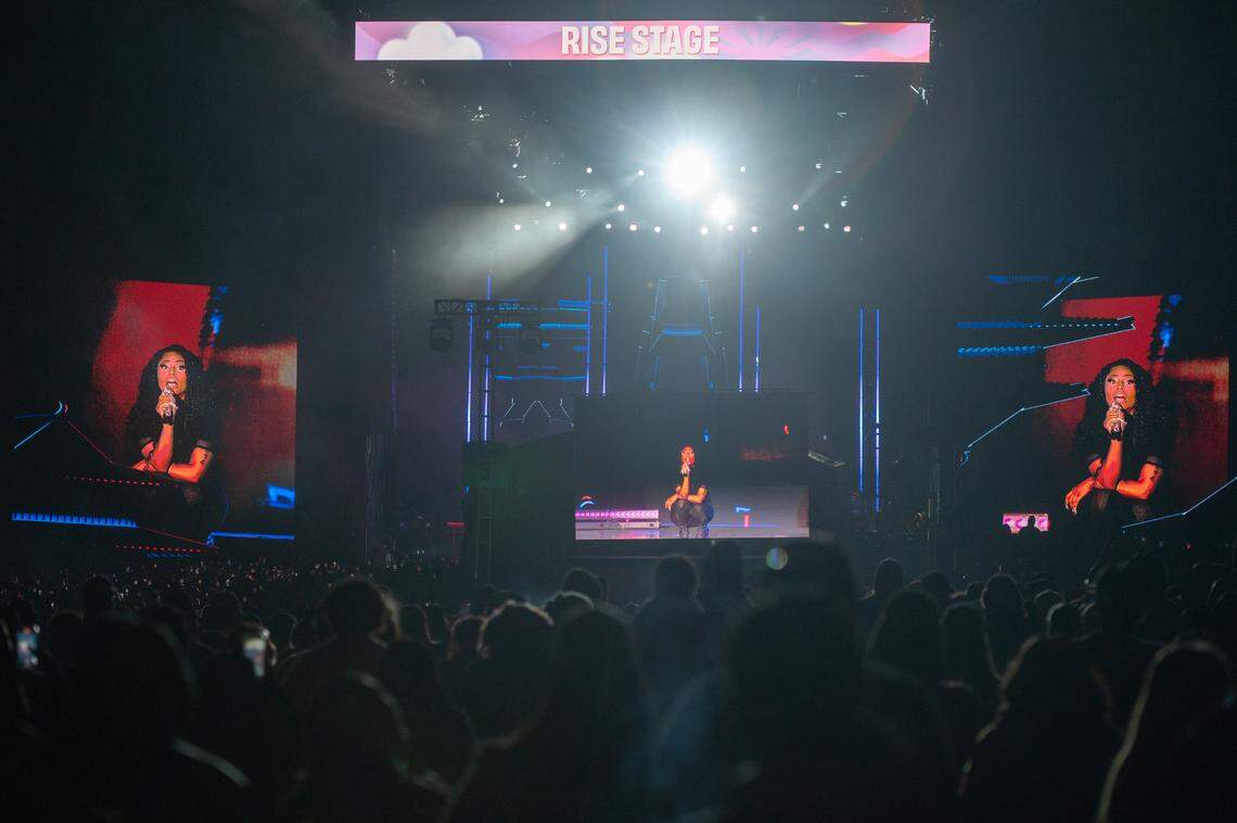 Nicki Minaj performs at the second night of Dreamville Festival in Raleigh, N.C. on Sunday, April 7, 2024.