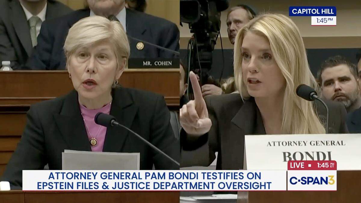 Rep. Deborah Ross, left, pressed U.S. Attorney General Pam Bondi about Ghislaine Maxwell’s transfer and reported prison perks during a House Judiciary Committee on oversight of the Justice Department hearing Feb. 11, 2026, that also touched on Iryna Zarutska’s case.