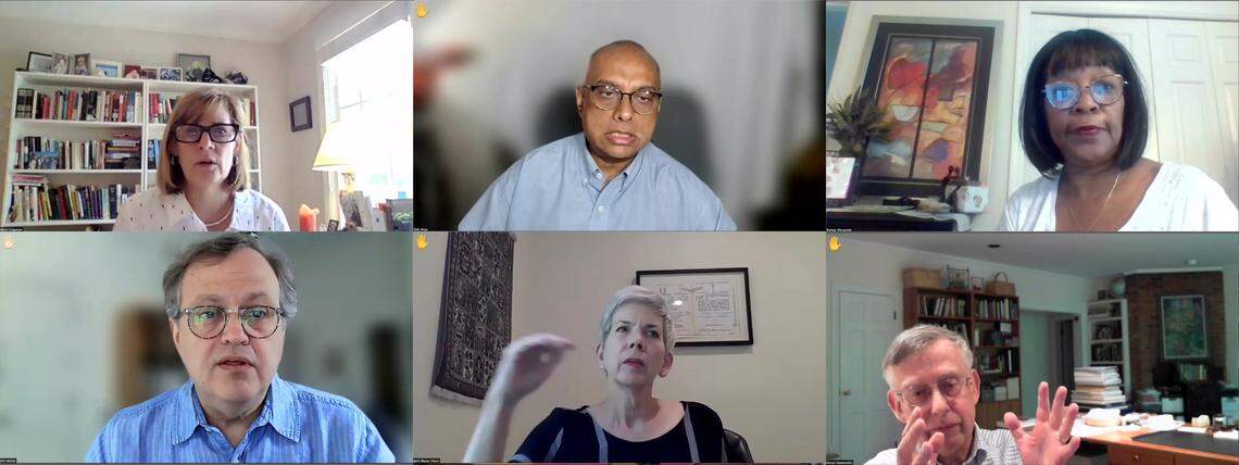 Several members of the UNC Faculty Executive Committee are seen during a Zoom call to draft a resolution calling on the campus Board of Trustees officially reconsider tenure for Nikole Hannah-Jones who is set to join the journalism faculty in July.