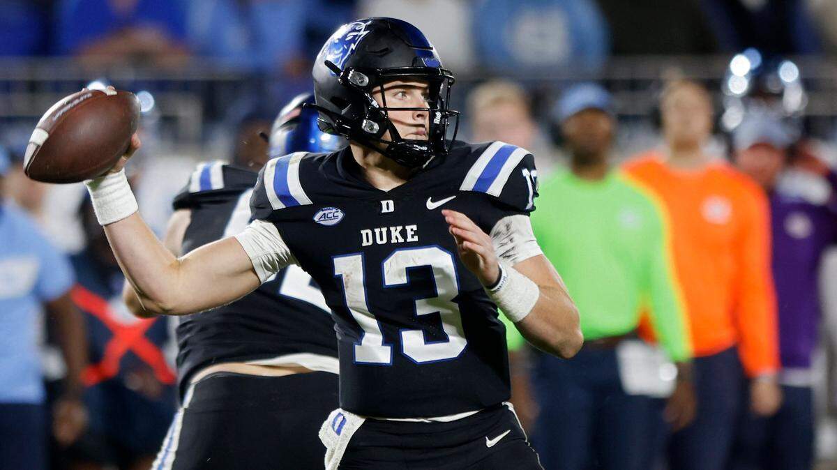 Duke Blue Devils quarterback Riley Leonard looks to pass during the second half of the Blue Devils’ game against North Carolina on Saturday, Oct. 15, 2022, at Wallace Wade Stadium in Durham, N.C.