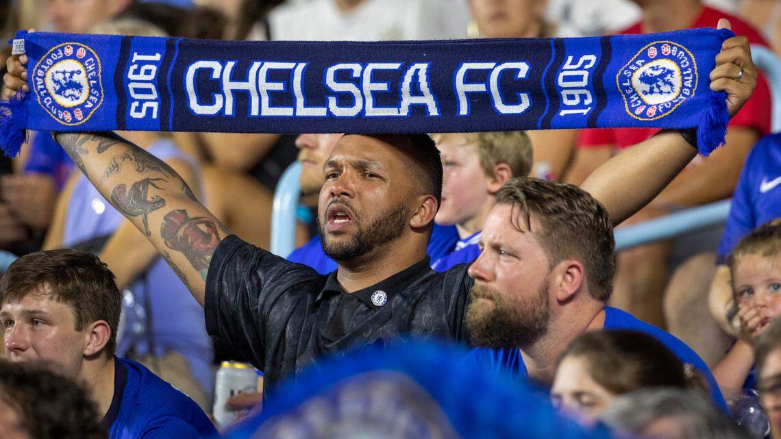 Chris Mathews of Norfolk, Va. shows this support for Chelsea after a goal by Chelsea’s Ben Chilwel in the second half of their FC Series game against Wrexham on Wednesday, July 19, 2023 at Kenan Stadium in Chapel Hill, N.C.