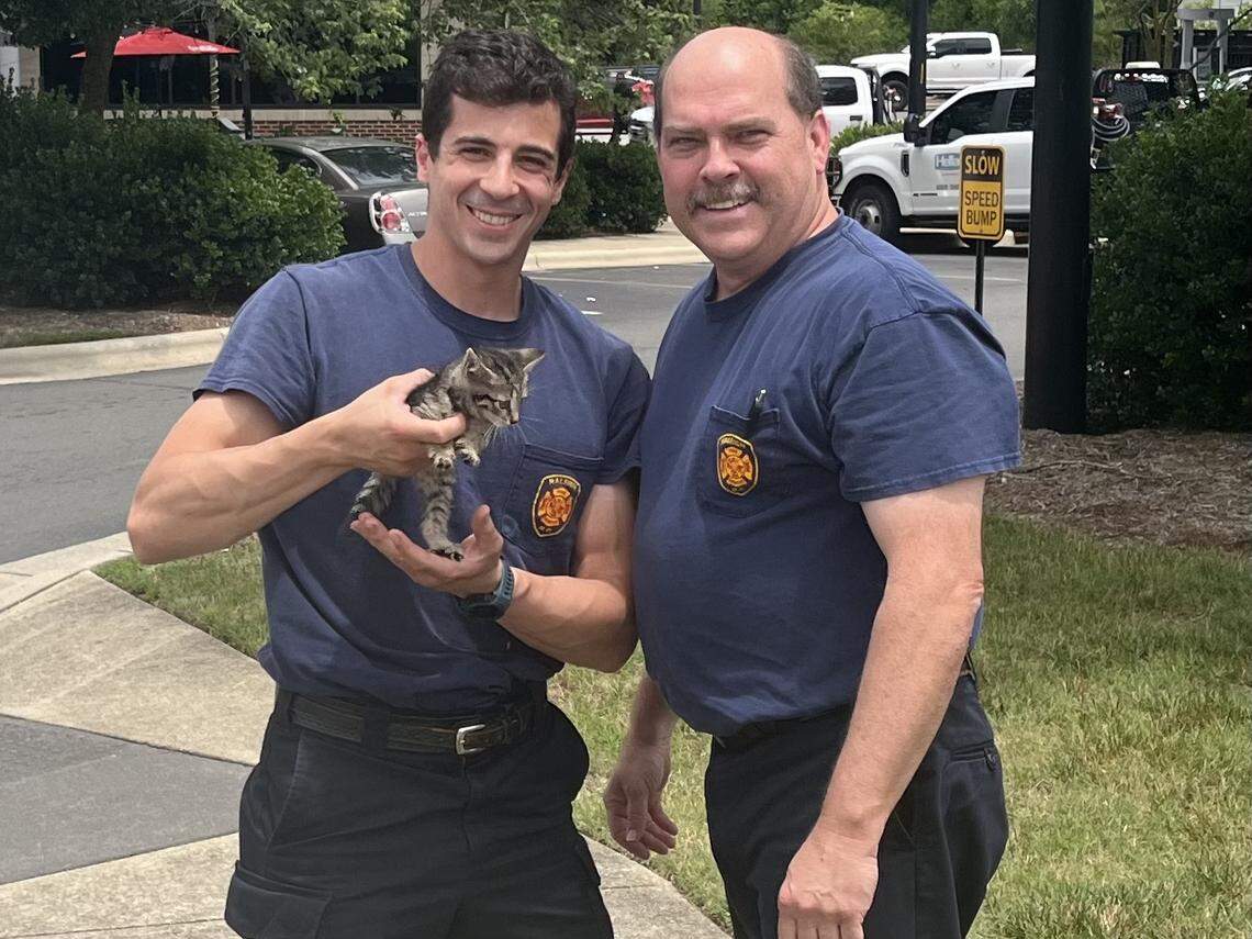Raleigh firefighters from station no. 28 hold Georgie, whom they saved from a storm drain on Forestville Road