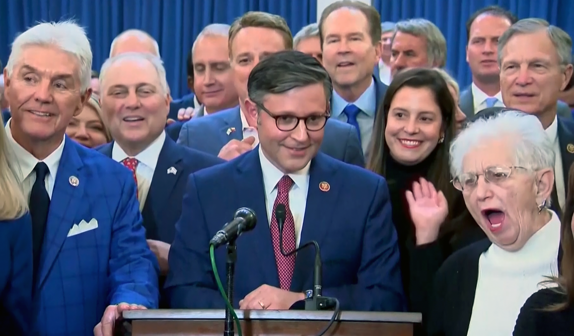 This photo captures the moment Rep. Virginia Foxx of North Carolina, far right, shouted “Shut up! Shut up!” during an Oct. 25, 2023 press conference when a reporter began asking about efforts GOP speaker nominee Mike Johnson (center) made to overturn the 2020 election.