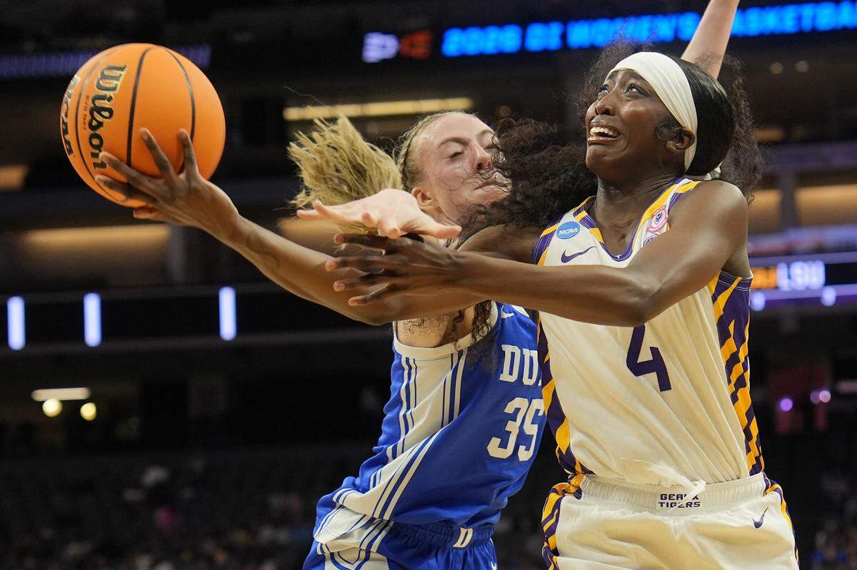 Flau'jae Johnson (4) of LSU takes a shot against Toby Fournier of Duke during the first quarter of their 2026 NCAA Women’s Basketball Tournament Sweet 16 game at Golden 1 Center on March 27, 2026 in Sacramento, California.