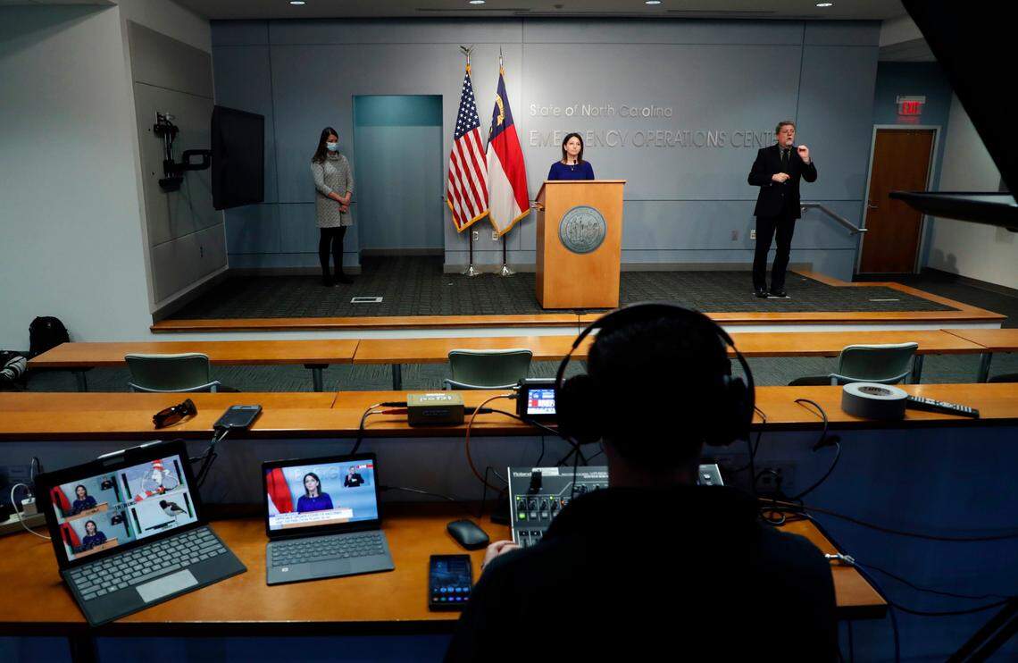 Dr. Mandy Cohen, secretary of the N.C. Department of Health and Human Services, speaks during a briefing at the Emergency Operations Center in Raleigh, N.C., Thursday, Dec. 10, 2020.