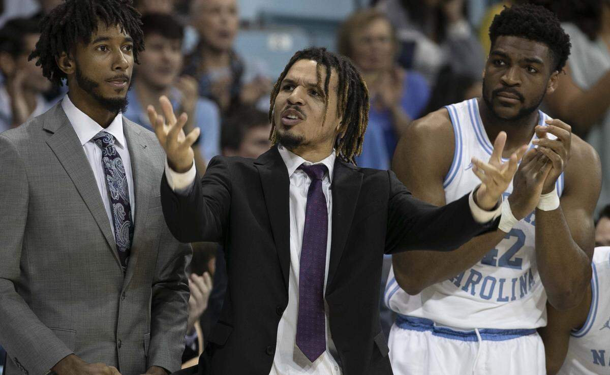 North Carolina’s Cole Anthony (2), out with an injury, works to get the crowd behind the Tar Heels during the first half against Wofford on Sunday, December 15, 2019 at Carmichael Arena in Chapel Hill, N.C.