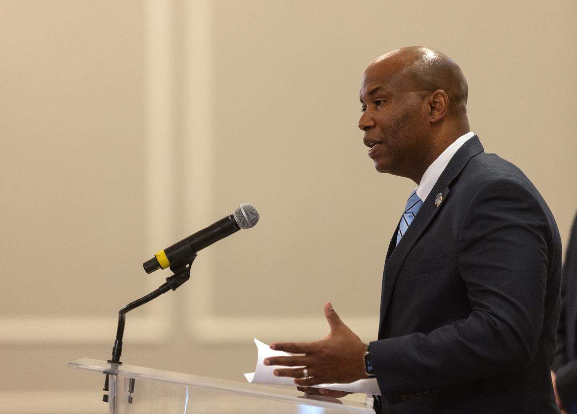 UNC Police Chief Brian James speaks about Monday’s campus shooting during a press conference at the Carolina Inn on Tuesday, Aug. 29, 2023, in Chapel Hill, N.C.