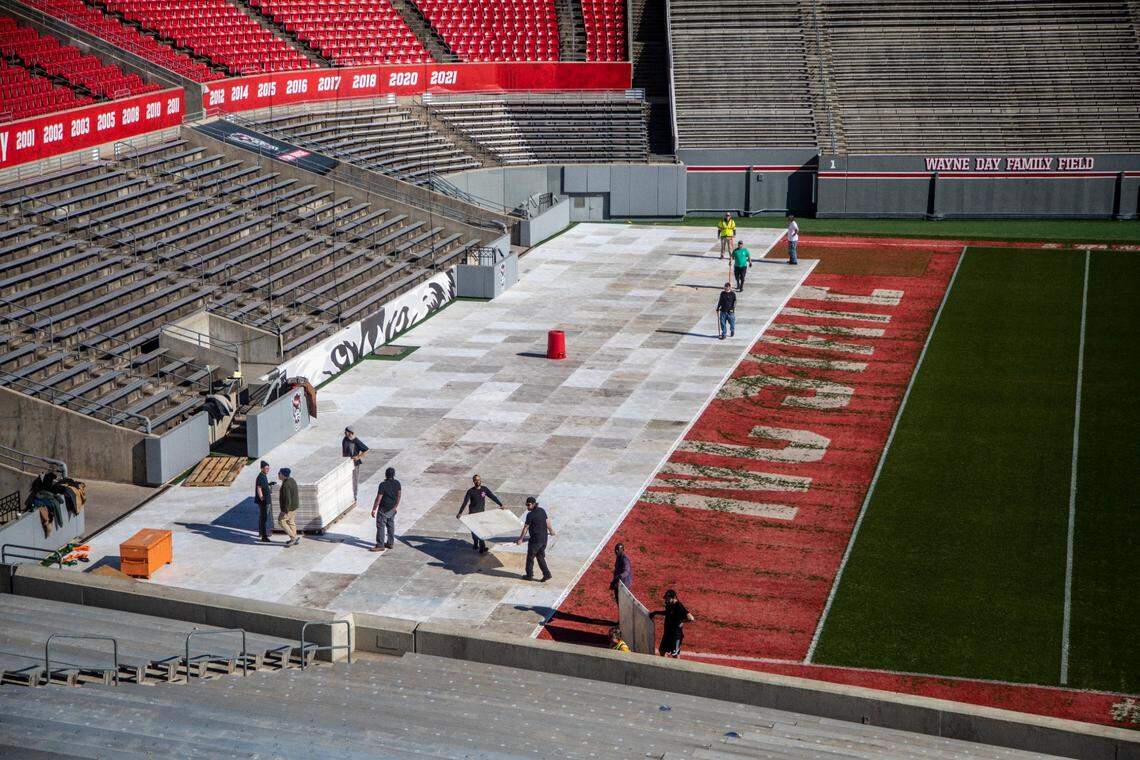 The building of the rink is an interesting if complex process. It began at Carter-Finley on Feb. 6, when the NHL’s Mobile Refrigeration Unit, housed in a 53-foot-long trailer, arrived at the stadium.