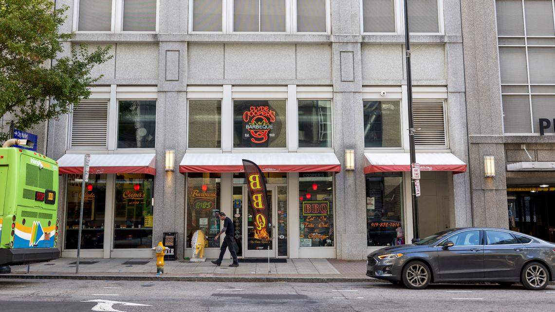 The exterior of Clyde Cooper’s Barbecue at 327 S. Wilmington Street on Tuesday, November 14, 2023 in Raleigh, N.C. The restaurant’s owners have put the space up for sale.