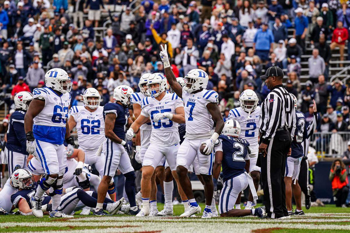 Sep 23, 2023; East Hartford, Connecticut, USA; Duke Blue Devils running back Jordan Waters (7) reacts after his touchdown against the UConn Huskies in the first quarter at Rentschler Field at Pratt & Whitney Stadium. Mandatory Credit: David Butler II-USA TODAY Sports