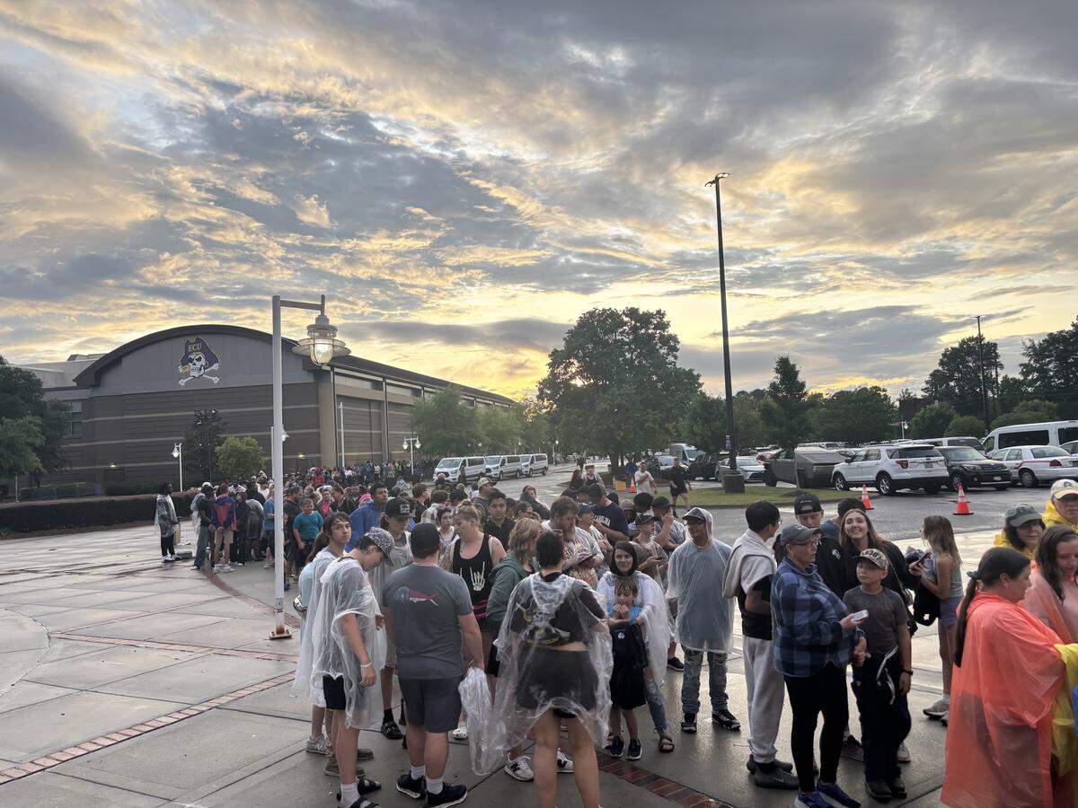 “Beast Games” fans line up outside East Carolina University’s Dowdy-Ficklen Stadium in Greenville, N.C. on May 24, 2026 to watch Greenville-native Jimmy Donaldson tape a Season 3 episode.