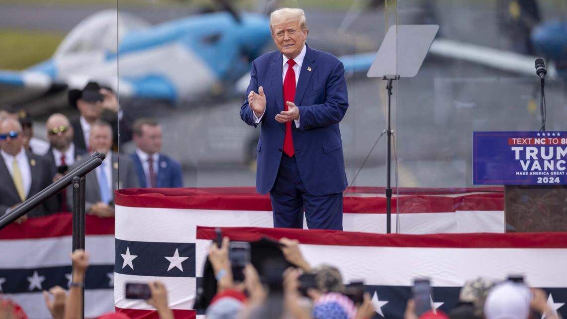Former President Donald Trump takes the stage during a rally at the North Carolina Aviation Museum & Hall of Fame in Asheboro, NC on Wednesday, Aug. 21, 2024.