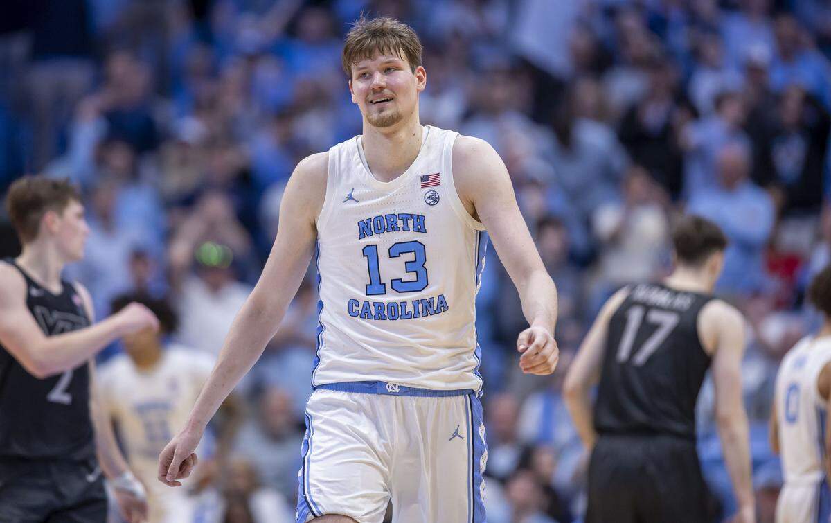 North Carolina center Henri Veesaar (13) flashes a smile after a dunk on a fast break in the final minute of play against Virginia Tech on Saturday, February 28, 2026 at the Smith Center in Chapel Hill, N.C.  Veesaar lead all scores with 26 points. 