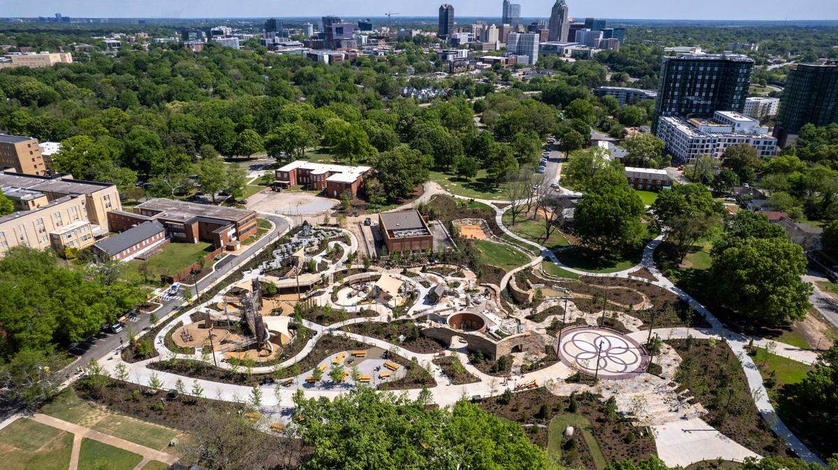An aerial view of the nearly completed Gipson Play Plaza at Dix Park in Raleigh on Wednesday, April 16, 2025.