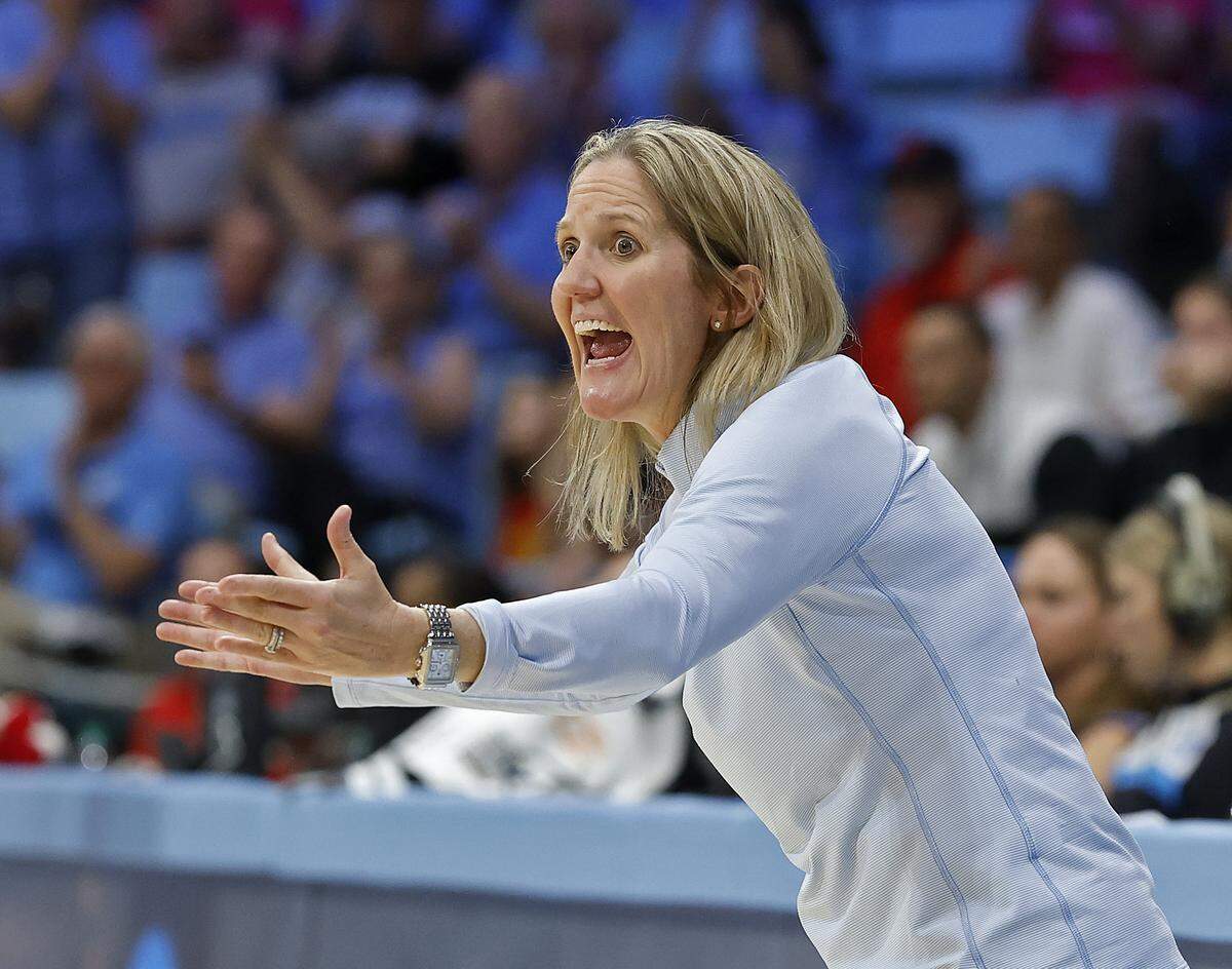 North Carolina head coach Courtney Banghart reacts during the second half of the Tar Heels’ 74-66 second-round NCAA Tournament win over Maryland on Sunday, March 22, 2026, at Carmichael Arena in Chapel Hill, N.C.