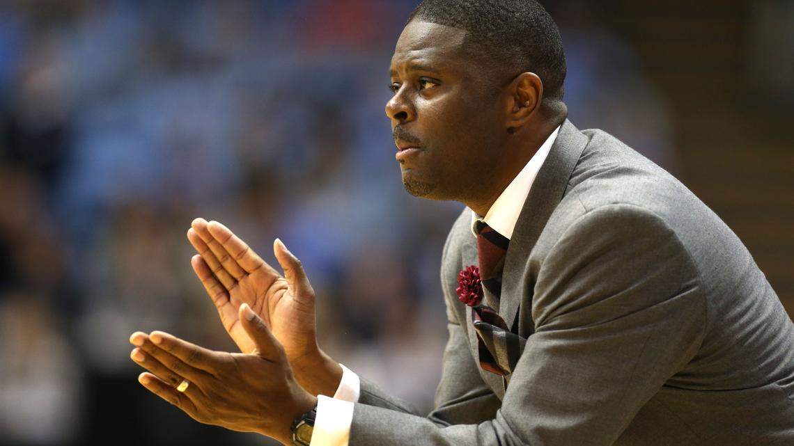 NCCU head coach LeVelle Moton applauds his team’s performance during the first half against North Carolina on Friday, November 14, 2014 at the Smith Center in Chapel Hill, N.C.