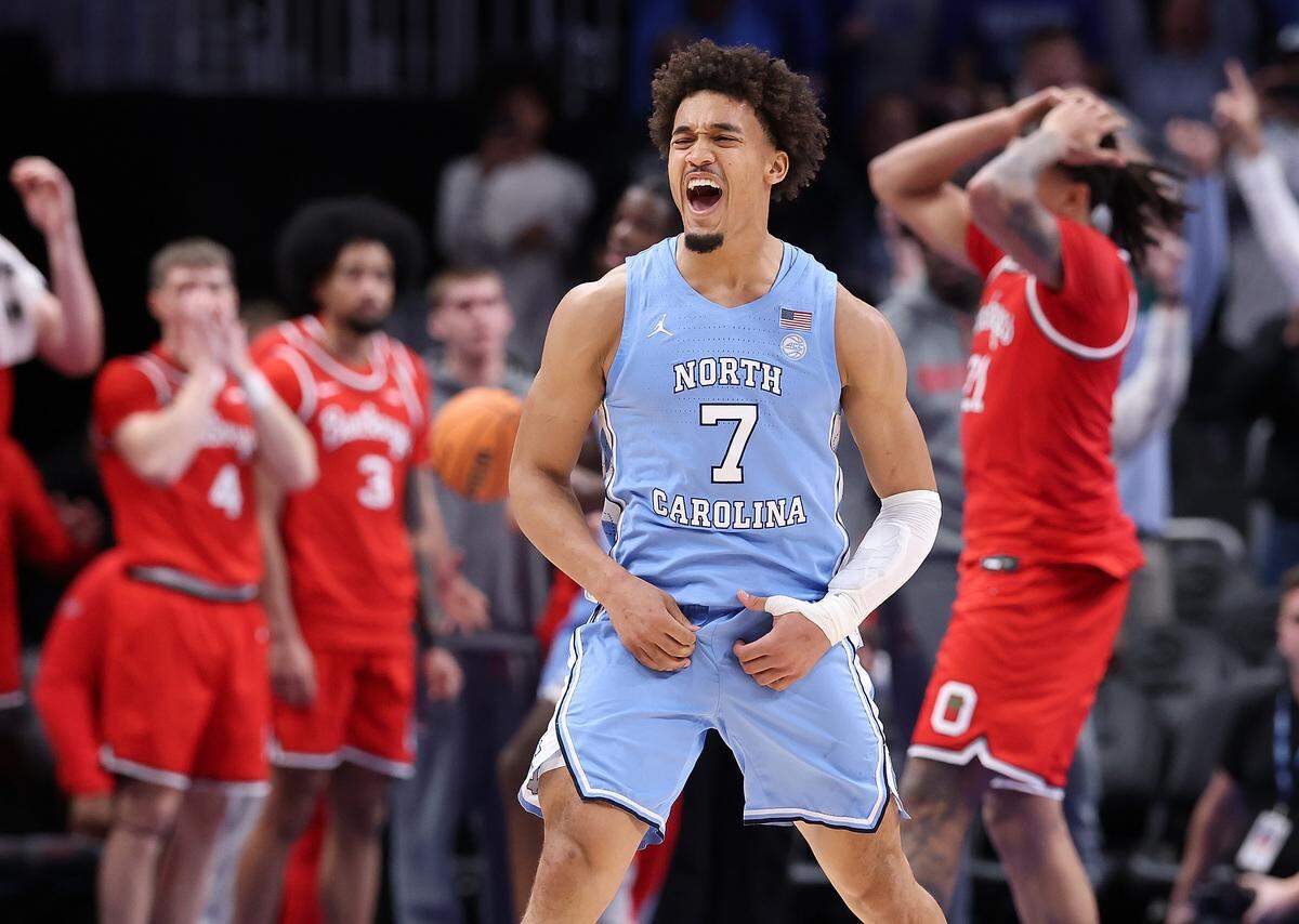Seth Trimble of the North Carolina Tar Heels reacts after Saturday’s 71-70 win over the Ohio State Buckeyes at State Farm Arena in Atlanta. 