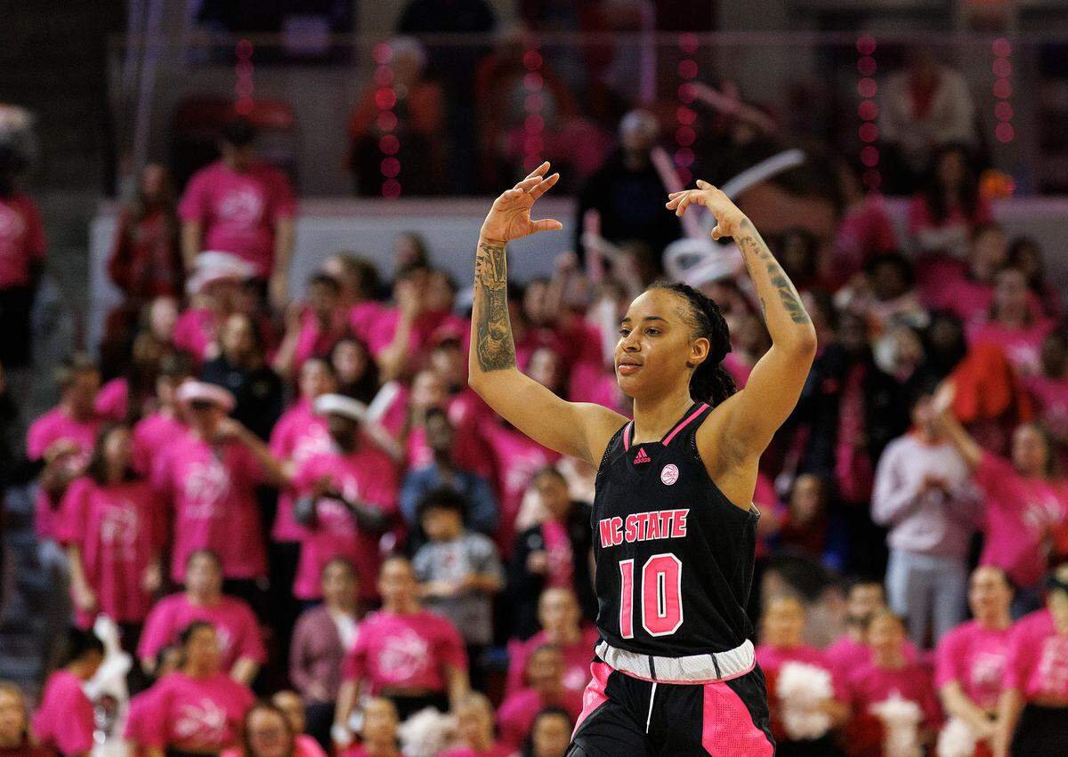 N.C. State’s Aziaha James hypes the crowd during the second half of the Wolfpack’s 77-67 win over Louisville on Monday, Feb. 5, 2024, at Reynolds Coliseum in Raleigh, N.C.