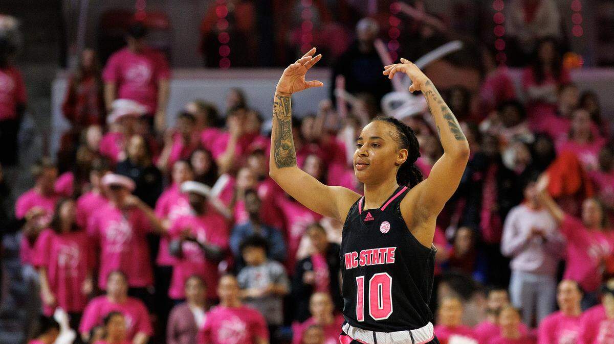 N.C. State’s Aziaha James hypes the crowd during the second half of the Wolfpack’s 77-67 win over Louisville on Monday, Feb. 5, 2024, at Reynolds Coliseum in Raleigh, N.C.