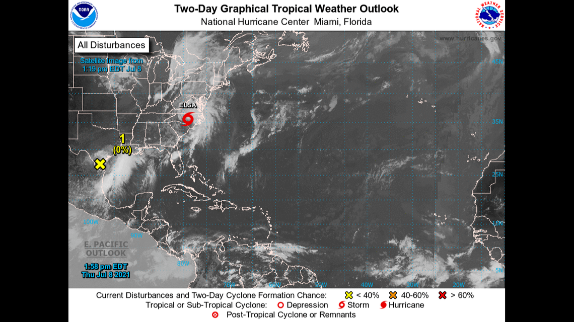 A map from the National Hurricane Center shows Tropical Storm Elsa’s location as of 2 p.m. Thursday.