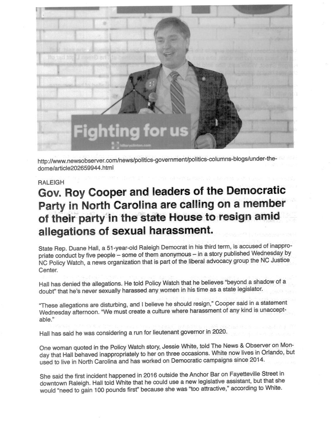 The front page of the paper that KaKi McKinney was handing out at the Herb Young Community Center in Cary on April 27. The page was submitted to the N.C. Board of Elections and Ethics Enforcement by Linda Gunter.