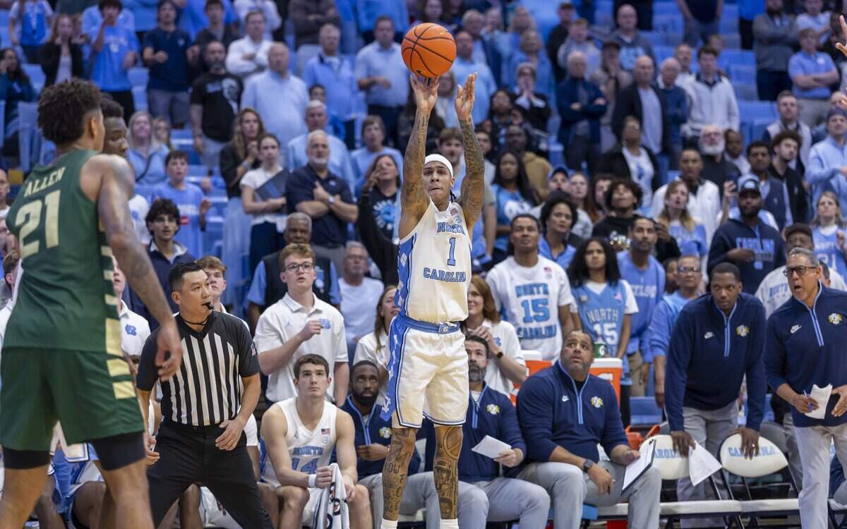 North Carolina guard Terrence Brown (1) launches a three-point shot for his 27th point, leading the Tar Heels to an 89-82 overtime victory over UNC Charlotte on Tuesday, October 27, 2026 at the Smith Center in Chapel Hill, N.C.