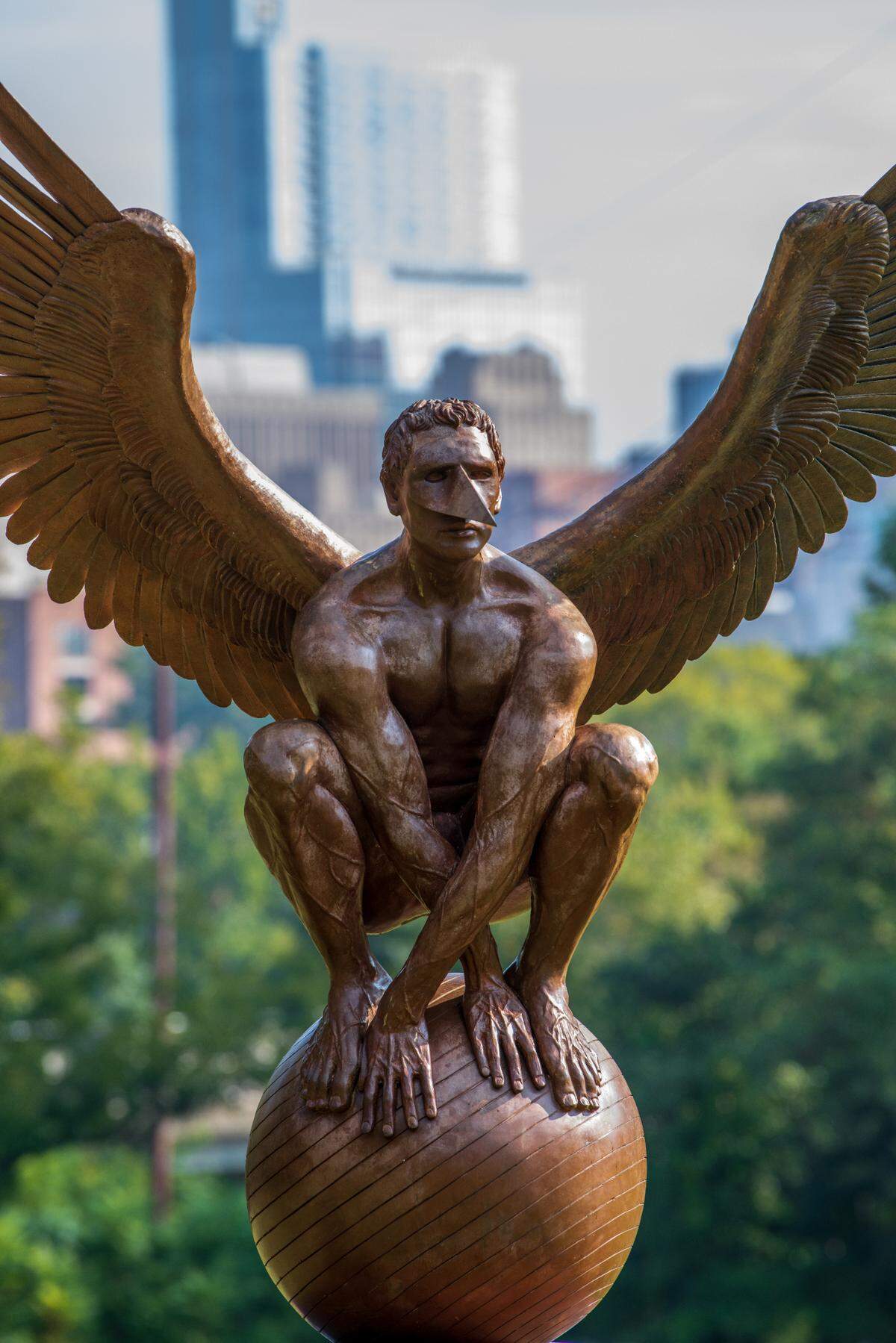 “Archivaldo Monumental” is one of nine bronze sculptures from the “Wings of the City” exhibit by Mexican artist Jorge Marín. The collection will be displayed throughout Dorothea Dix Park through March 2022.